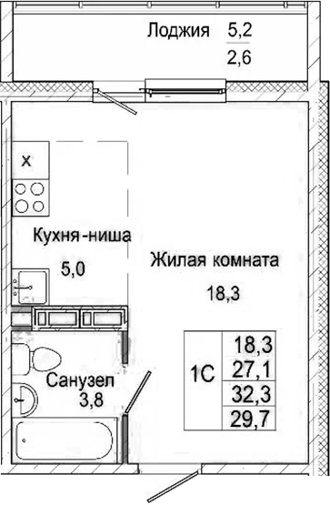 Планировка студии 27.10 м² в ЖК «Родина»