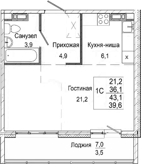 Планировка студии 36.10 м² в ЖК «Родина»