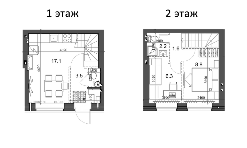 Планировка таунхаус 41.30 м² в ЖК «Коттеджный поселок Березки Элитный»