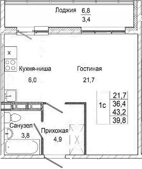 Планировка студии 36.40 м² в ЖК «Родина»