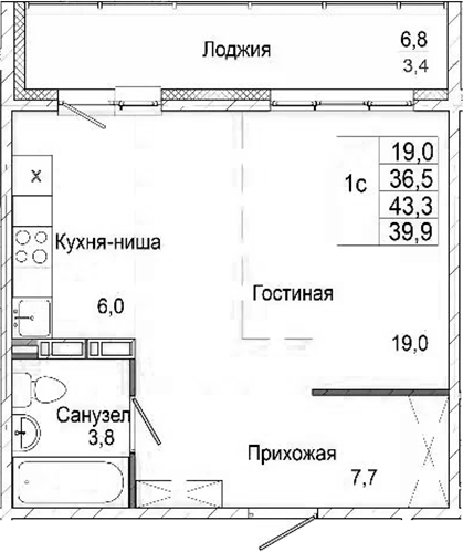 Планировка студии 36.50 м² в ЖК «Родина»