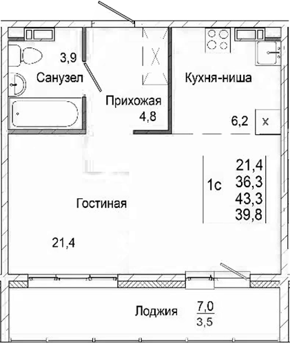 Планировка студии 36.30 м² в ЖК «Родина»