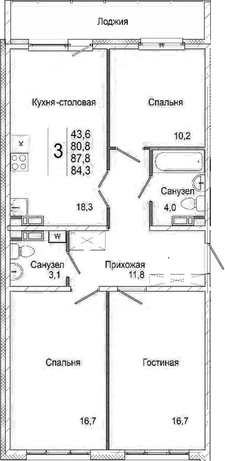 Планировка 3-к. квартира 80.80 м² в ЖК «Родина»
