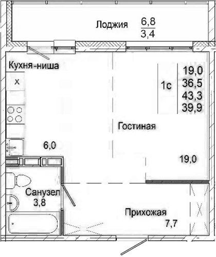 Планировка студия 36.50 м² в ЖК «Родина»