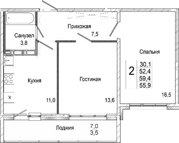 Планировка 2-к.кв 52.40 м² в ЖК «Родина»