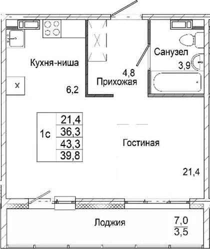 Планировка студии 36.30 м² в ЖК «Родина»