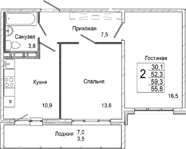 Планировка 2-к. квартира 52.30 м² в ЖК «Родина»