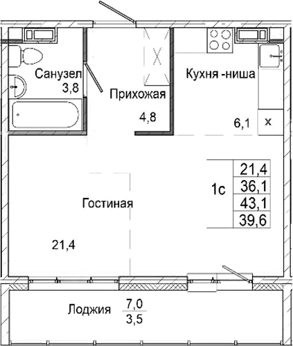 Планировка студии 36.10 м² в ЖК «Родина»