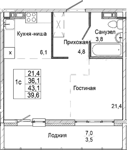 Планировка студии 36.10 м² в ЖК «Родина»