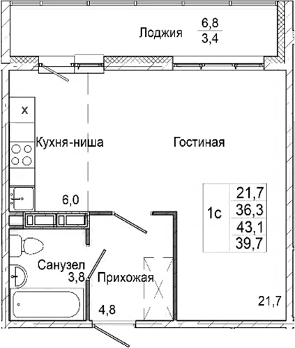 Планировка студии 36.30 м² в ЖК «Родина»