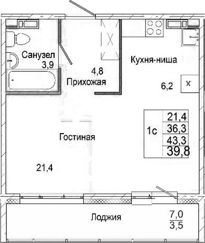 Планировка студия 36.30 м² в ЖК «Родина»