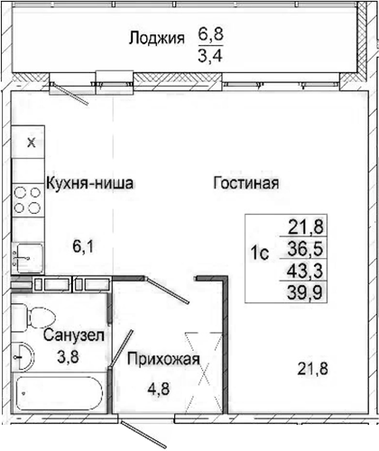 Планировка студии 36.50 м² в ЖК «Родина»