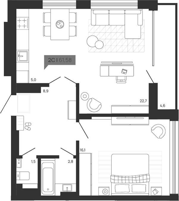 Планировка 2е-к.кв 56.98 м² в ЖК «Зоркий парк»