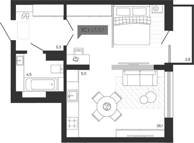 Планировка студии 40.87 м² в ЖК «Зоркий парк»