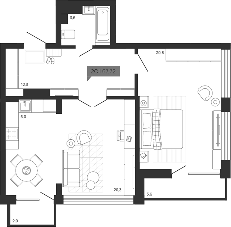 Планировка 2е-к. квартира 62.12 м² в ЖК «Зоркий парк»