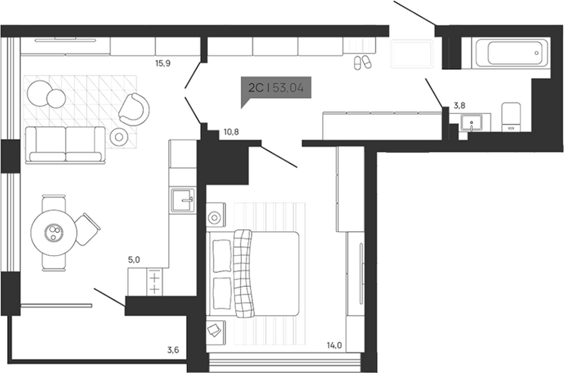 Планировка 2е-к.кв 49.44 м² в ЖК «Зоркий парк»