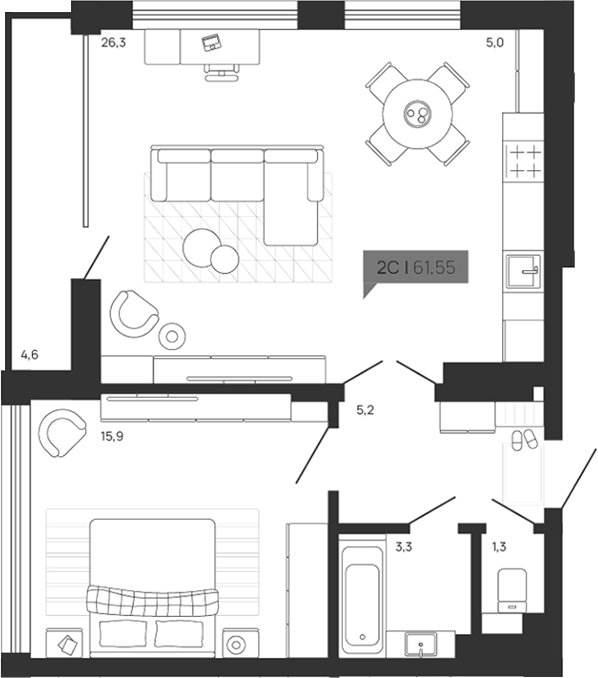 Планировка 2е-к.кв 56.95 м² в ЖК «Зоркий парк»