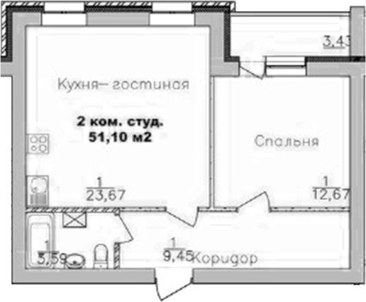 Планировка 2е-к.кв 49.38 м² в ЖК «Дивногорский»