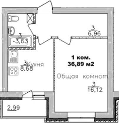 Планировка 1-к.кв 35.39 м² в ЖК «Дивногорский»