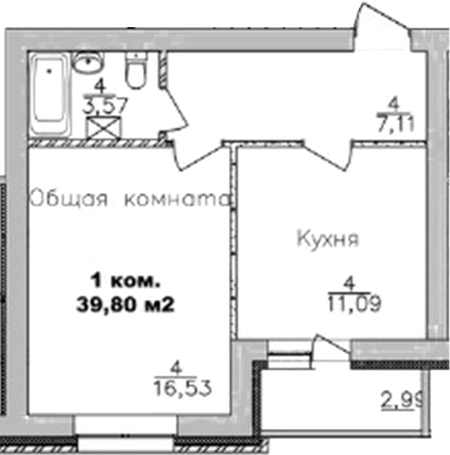 Планировка 1-к.кв 38.30 м² в ЖК «Дивногорский»