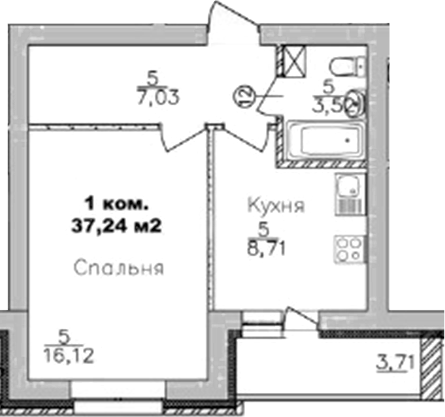 Планировка 1-к.кв 35.38 м² в ЖК «Дивногорский»