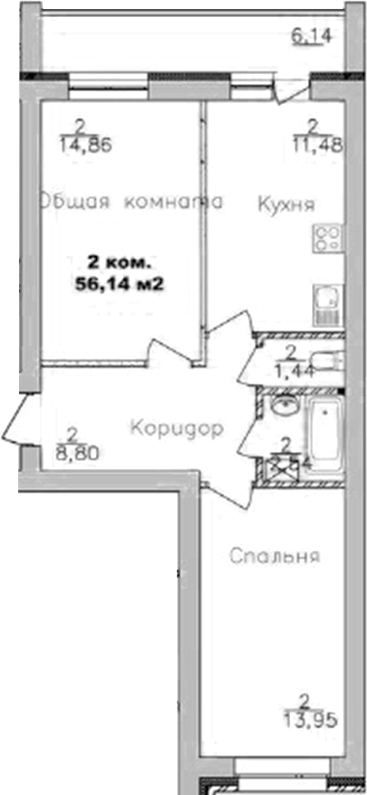 Планировка 2-к.кв 53.07 м² в ЖК «Дивногорский»