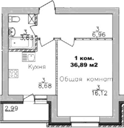 Планировка 1-к.кв 35.39 м² в ЖК «Дивногорский»