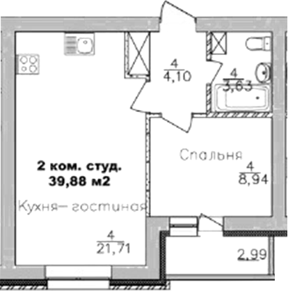 Планировка 2е-к.кв 38.38 м² в ЖК «Дивногорский»