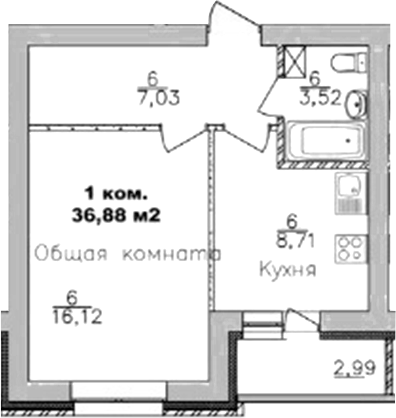 Планировка 1-к.кв 35.38 м² в ЖК «Дивногорский»