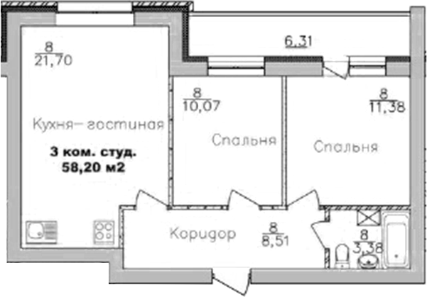 Планировка 3е-к.кв 55.04 м² в ЖК «Дивногорский»
