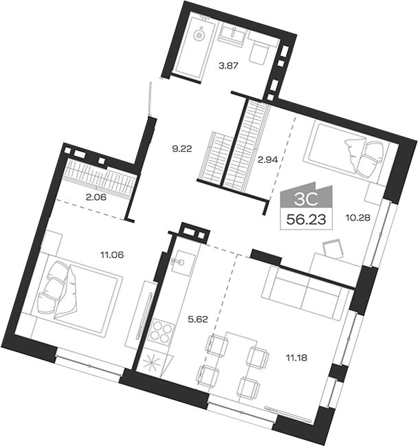 Планировка 3е-к.кв 56.23 м² в ЖК «Базилик»