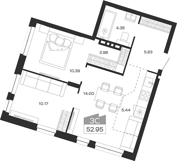 Планировка 3е-к.кв 52.95 м² в ЖК «Базилик»