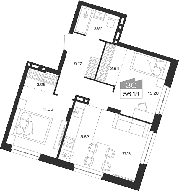 Планировка 3е-к.кв 56.18 м² в ЖК «Базилик»