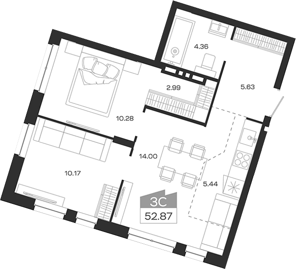 Планировка 3е-к.кв 52.87 м² в ЖК «Базилик»