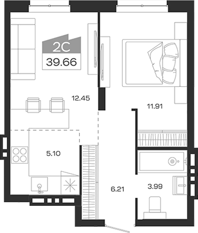 Планировка 2е-к.кв 39.66 м² в ЖК «Базилик»