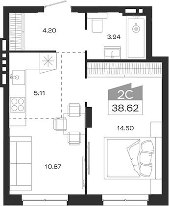 Планировка 2е-к.кв 38.62 м² в ЖК «Базилик»
