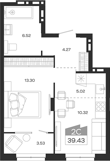 Планировка 2е-к.кв 39.43 м² в ЖК «Базилик»