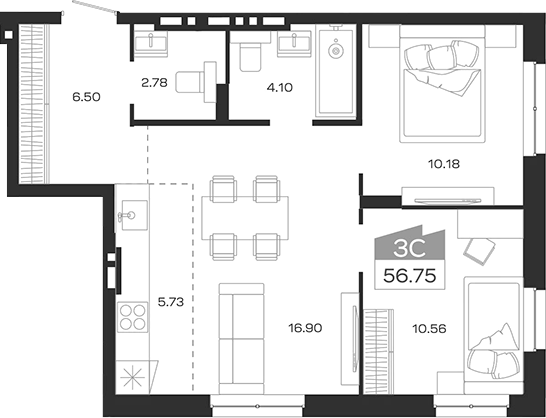 Планировка 3е-к.кв 56.75 м² в ЖК «Базилик»