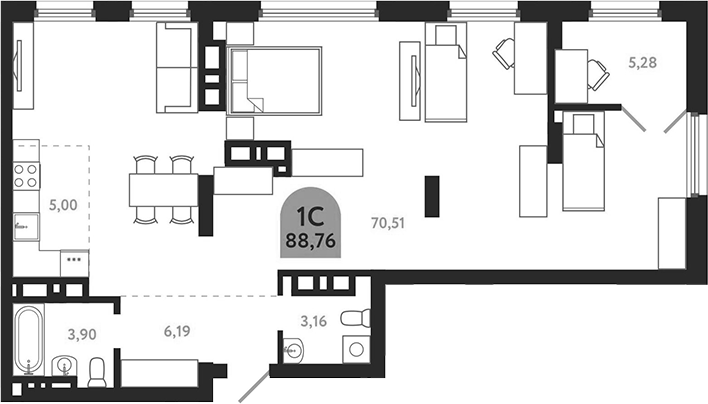 Планировка своб. план. 88.76 м² в ЖК «Квартал 1604. Томск»