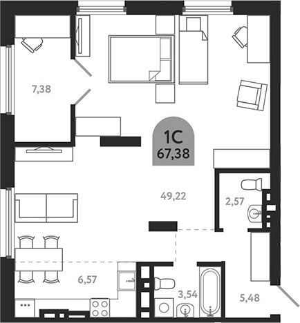 Планировка своб. план. 67.38 м² в ЖК «Квартал 1604. Томск»