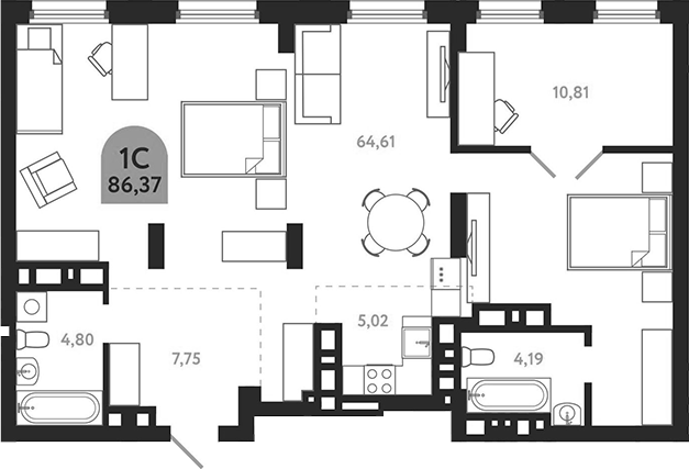 Планировка своб. план. 86.37 м² в ЖК «Квартал 1604. Томск»