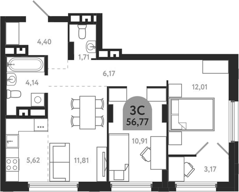 Планировка 3е-к.кв 56.77 м² в ЖК «Квартал 1604. Томск»