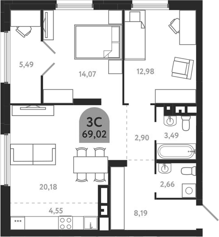 Планировка 3е-к.кв 69.02 м² в ЖК «Квартал 1604. Томск»