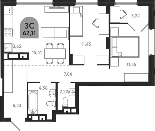 Планировка 3е-к.кв 62.11 м² в ЖК «Квартал 1604. Томск»
