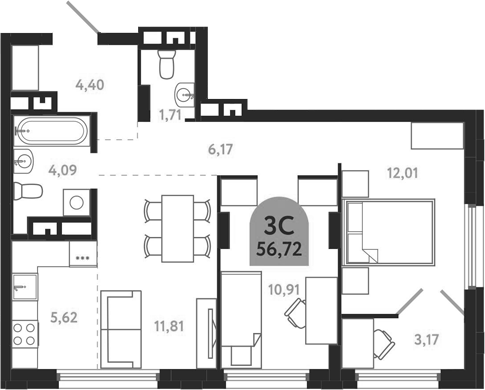 Планировка 3е-к.кв 56.72 м² в ЖК «Квартал 1604. Томск»