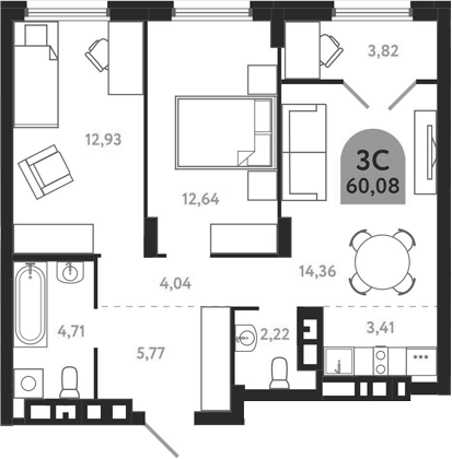 Планировка 3е-к.кв 60.08 м² в ЖК «Квартал 1604. Томск»