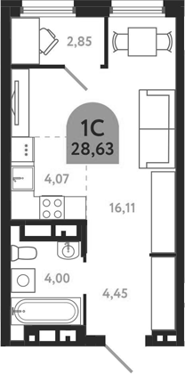 Планировка студии 28.63 м² в ЖК «Квартал 1604. Томск»