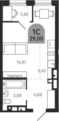 Планировка студии 29.00 м² в ЖК «Квартал 1604. Томск»