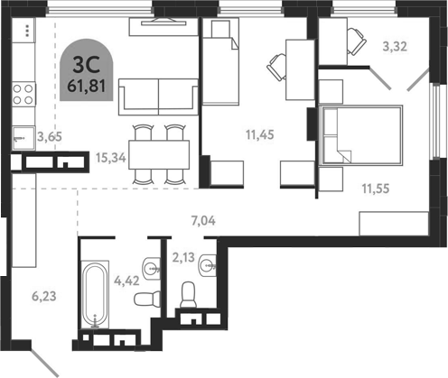 Планировка 3е-к.кв 61.81 м² в ЖК «Квартал 1604. Томск»