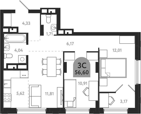 Планировка 3е-к.кв 56.60 м² в ЖК «Квартал 1604. Томск»